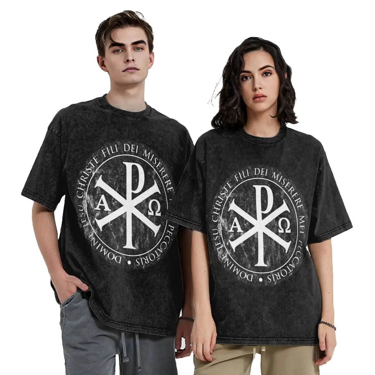 Chirho, Chi Rho, Christogram, Jesus Washed T Shirts Vintage Short Sleeve Hip Hop T-Shirt Streetwear Tops Tees for Men Women