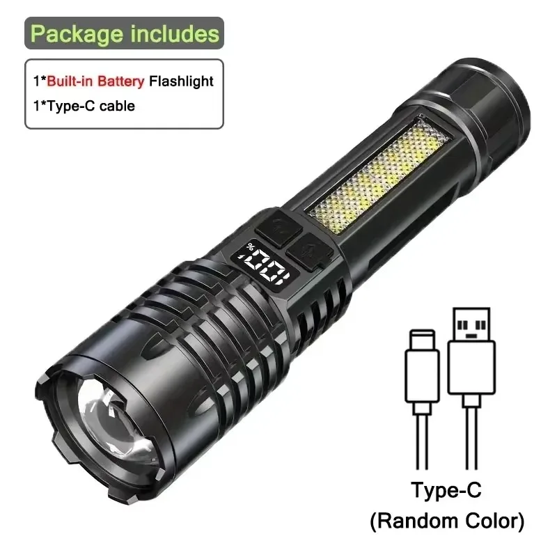 Superheldere COB LED-zaklamp TYPE-C Oplaadbaar Zoombaar met zijlicht Waterdichte zaklamp Kamperen Wandelen Noodsituatie Buiten