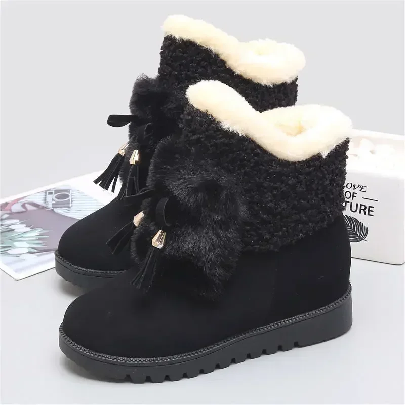 Chunky Platform Elegant with Low Heels Female Shoes Round Toe Tassel Brown Ladies Snow Boots Black Designer Luxury Chic Padded