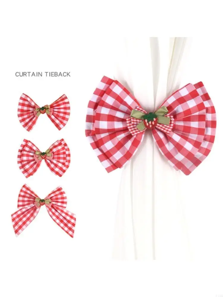 F19B 2Pcs Sheer Curtain Tie Clips with Decorative Gingham Plaids Bowknot Accent, No Drilling Drapery Holdbacks Buckles for