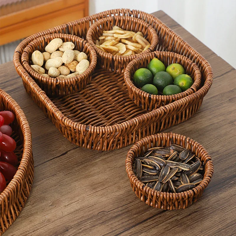 1 Set Woven Divided Dried Fruit Tray, Nut Candy Snack Serving Plate for Engagement Tea Ceremony Food Storage Organizer