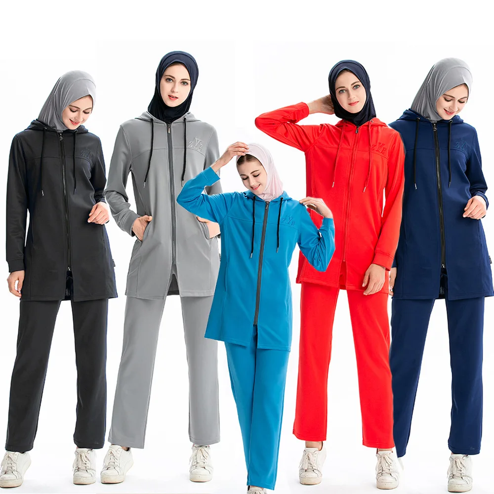 Muslim Women\'s Sports and Leisure Sportswear Middle East Arab East Asian Patchwork Solid Color Slim Fitting Hooded Sportswear