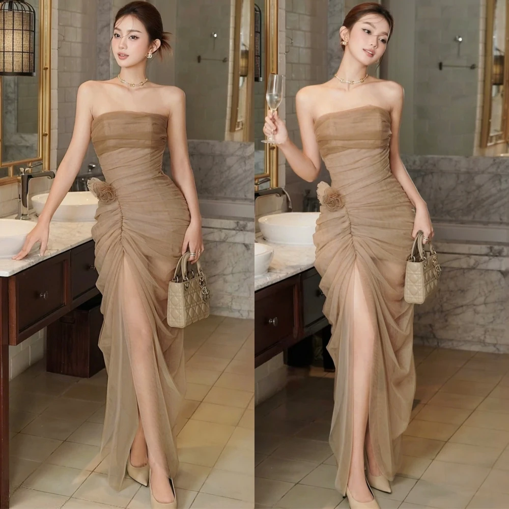 

Customized Fashion Organza Strapless Evening Dress Fashion Flowers Cocktail Dress Temperament Sleeveless Special Occasion Gowns