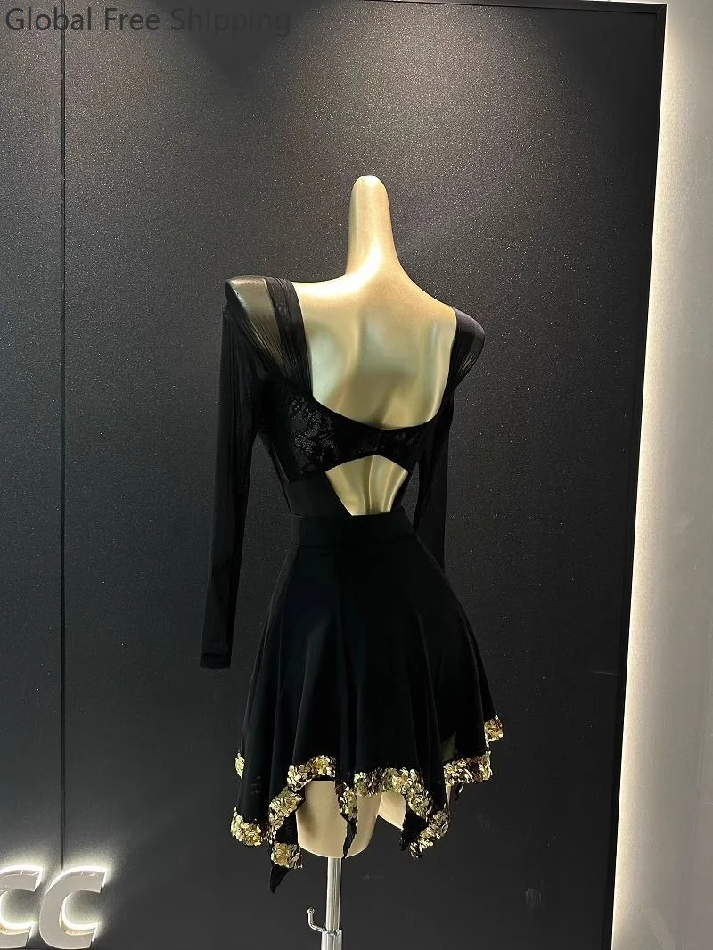 طقم فستان رقص لاتيني للسيدات أداء أسود مثير من الدانتيل الشبكي بدلة سبليت تشاتشا رومبا ملابس ممارسة الرقص اللاتينية للبالغين 2026