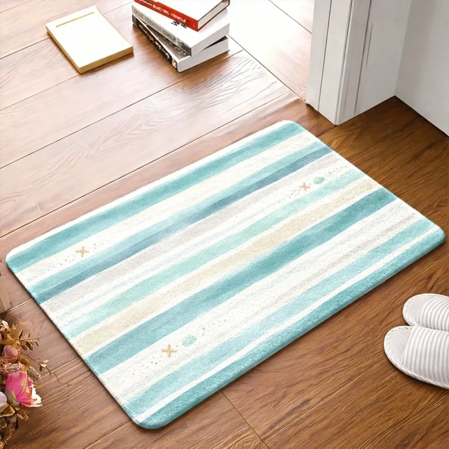 1pc Coastal Starfish & Shell Rug Suitable For Living Room, Bedroom, Bathroom, Kitchen, Entryway - Non-Slip Rubber Backing Flannel, Machine Washable Mat With