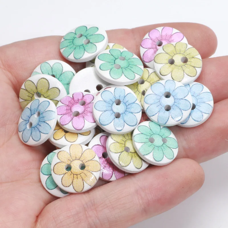 30pcs Cute Sunflower Printed 15mm 2-Holes Wooden Button for Diy Clothes Handmade Needlework Sewing Accessories Home Decorative