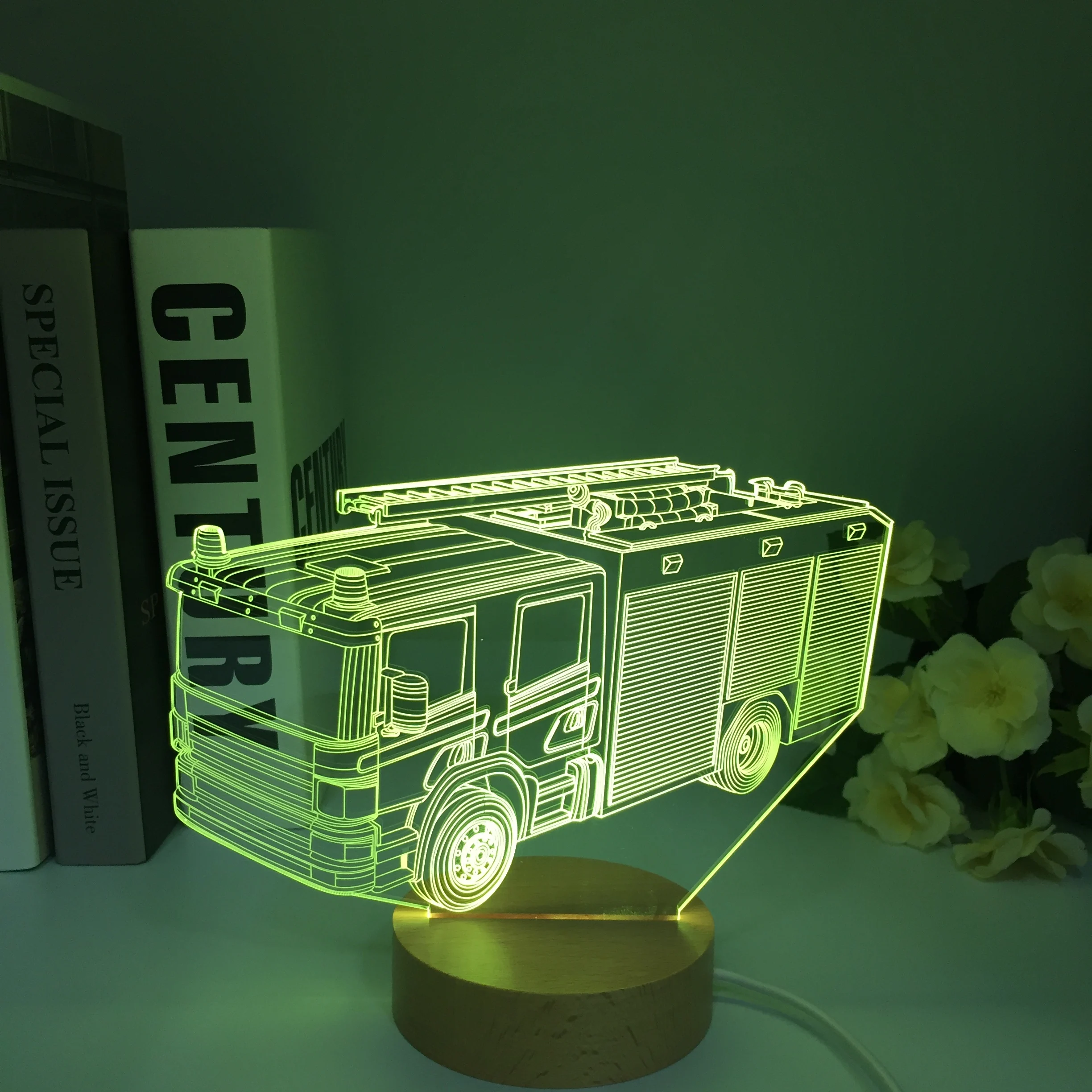 Fire Truck Wooden LED Night Light Touch Sensor Colors Changing Nightlight for Kids Bedroom Decor Fire Fighting Car 3d Lamp Gift