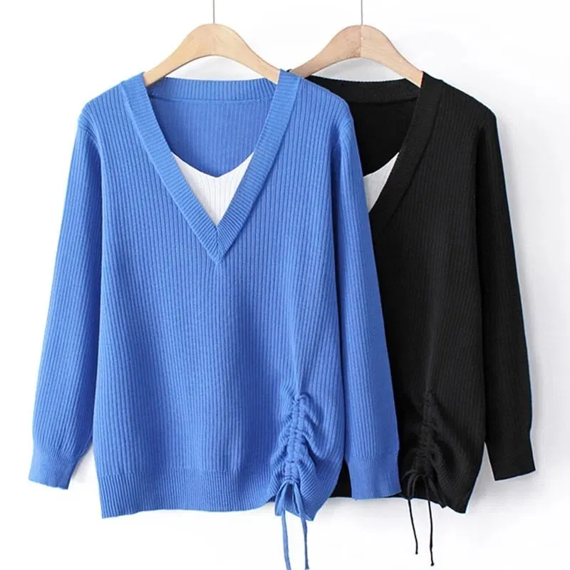 

2022 Autumn New V-neck Fake Two-piece Stitching Pleated Personality Loose Long Sleeve Women's Clothing Female Pullover Sweater