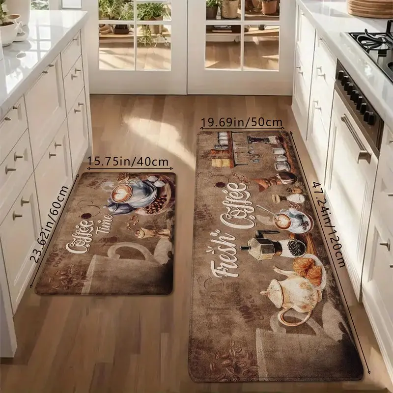 VIKAMA Vintage Coffee Themed Kitchen Mat Soft Non Slip Entryway Rug with Coffee Cup Design Washable Kitchen Hallway Home Decor