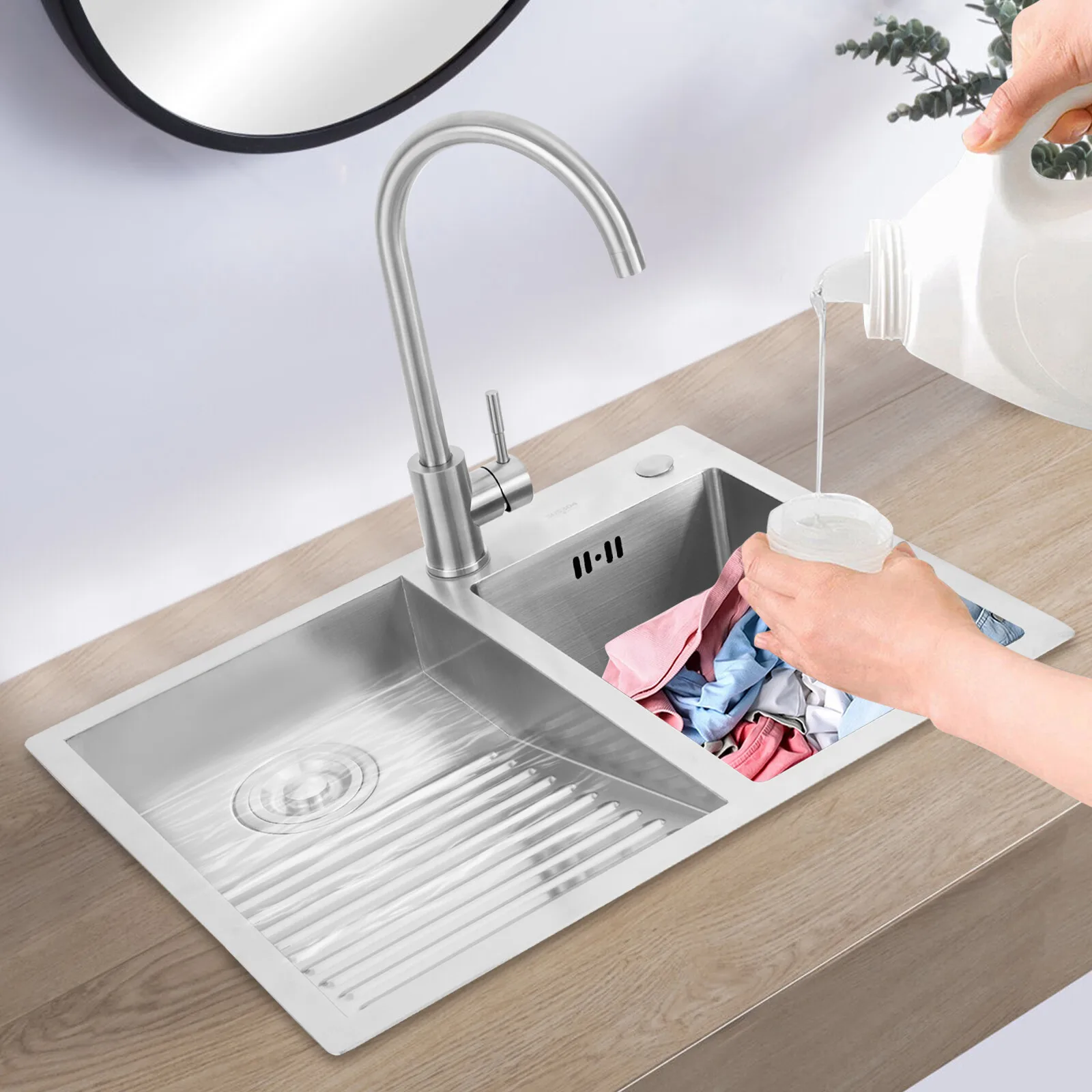 

Functional Silver Dual-Basin Laundry Sink With Hot&Cold Faucet - Anti-Spill Holes&X-Shaped Water Guide, Sound Insulation Layer