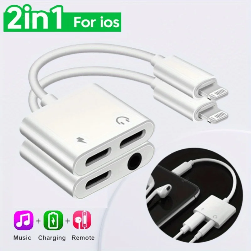 Adaptateur audio 2-en-1 à double port Lightning, compatible avec la charge, la musique et le contrôle des appels, pour iPhone.