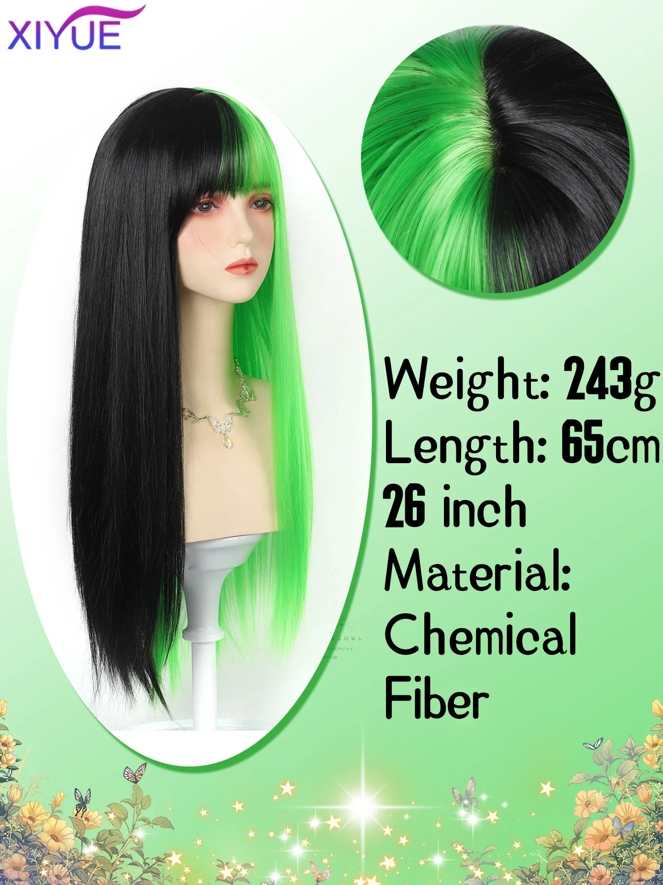 XIYUE Synthetic wig green and Black Wig Long Straight hair Cosplay Wig Halloween wig Two Tone Ombre Color Women Hair Wigs Green