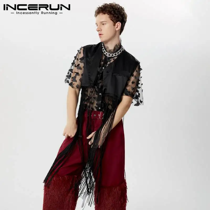 INCERUN Men Vests Tassel Patchwork V Neck Sleeveless Button Casual Male Waistcoats Streetwear Personality 2024 Fashion Vests