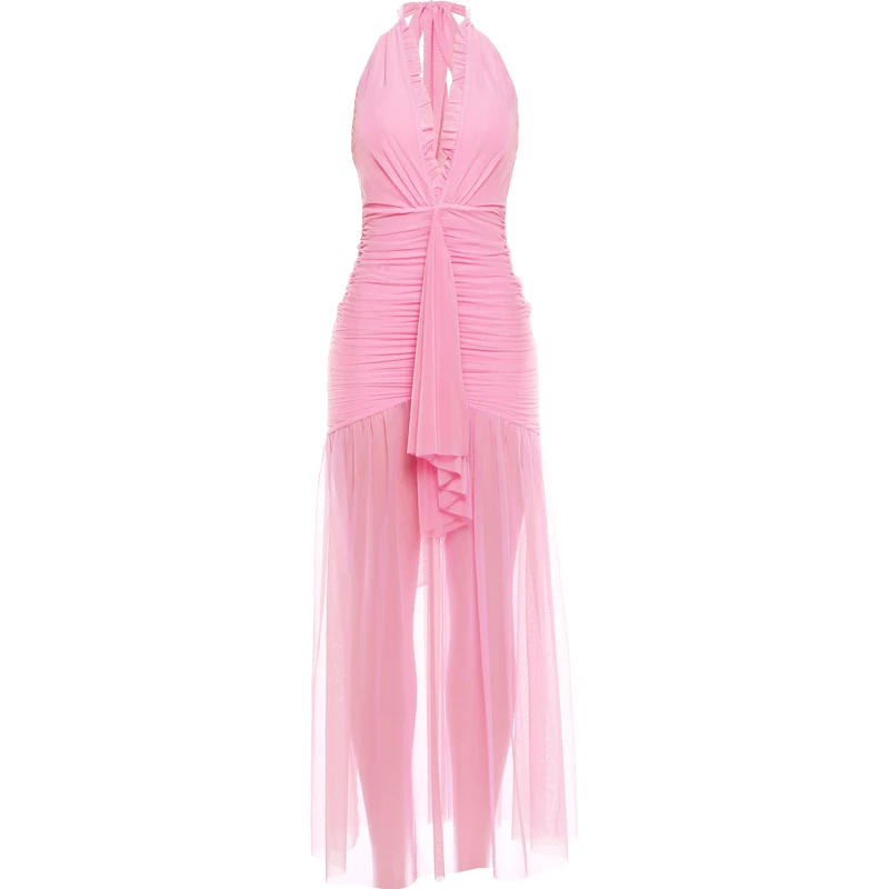 Weird Puss Elegantes Rückenfreies Kleid für Damen mit Tiefem V-Ausschnitt, Neckholder, Gerafftem Rock, Schlitz, Mesh-Patchwork, Sexy Party-Club-Kleid mit Pfirsichfarbenem Po-Effekt – Detail 2