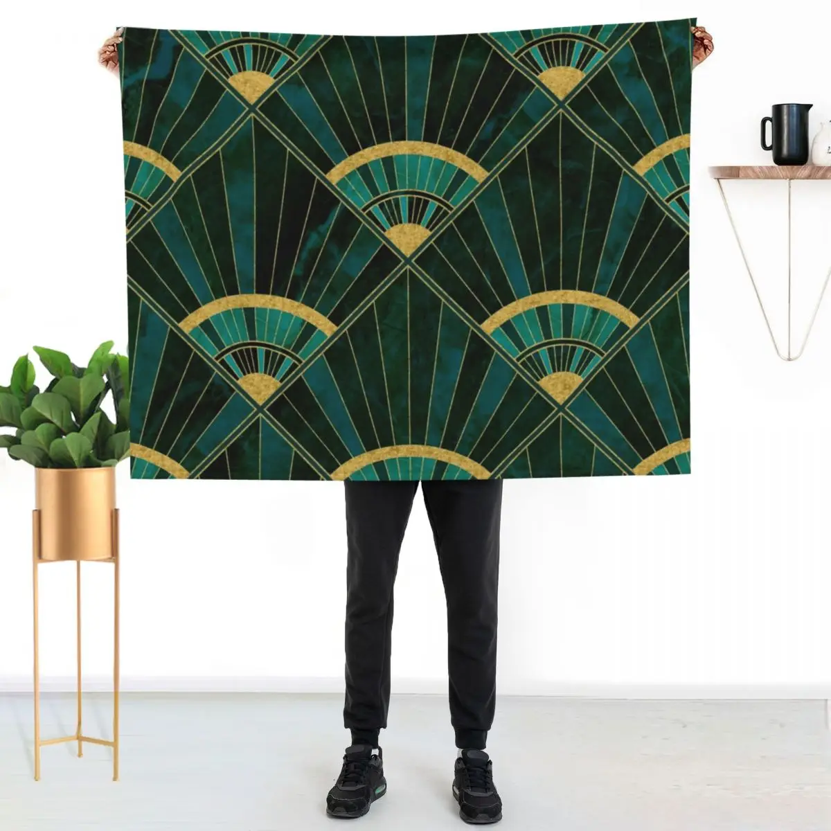 

Art Deco Real Green Marbled Geometric Pattern Throw Blanket Compact Warm Blanket for Car Road Trip