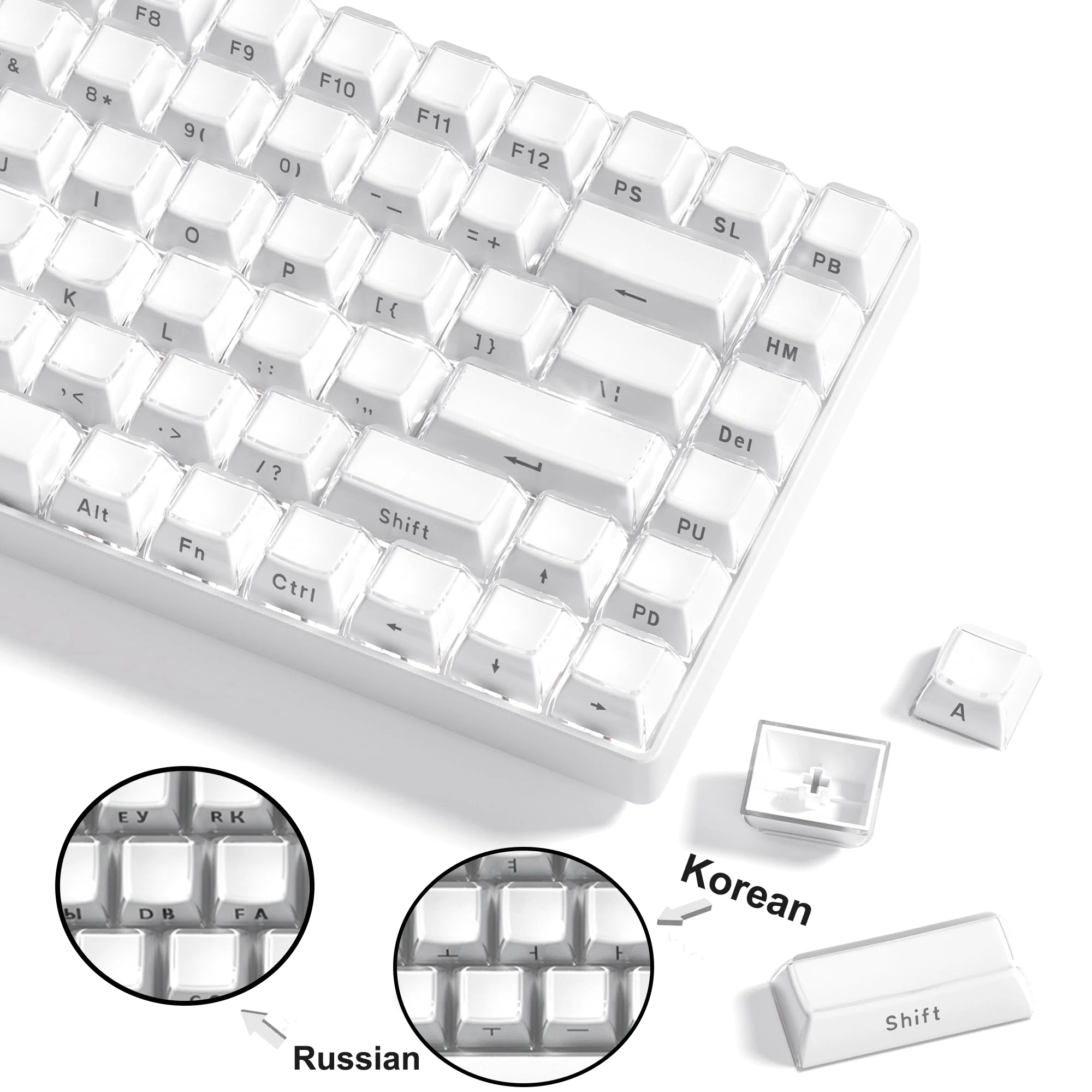 

113 Key White Russia Korea Jelly OEM Profile Side Print Keycap Ice Crystal Translucent Key cap for Cherry MX Mechanical Keyboard