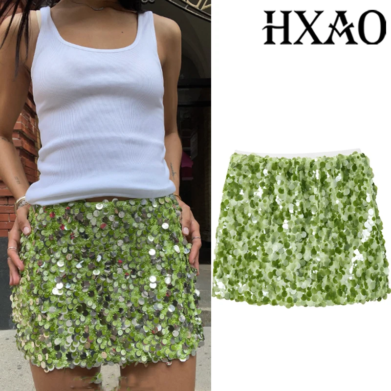 HXAO Vrouwelijke Paillettenrok Y2K Groene Minirok Zomer Glitter Strakke Korte Rokken Voor Vrouwen Hoge Taille Party Blauw Rode Rok