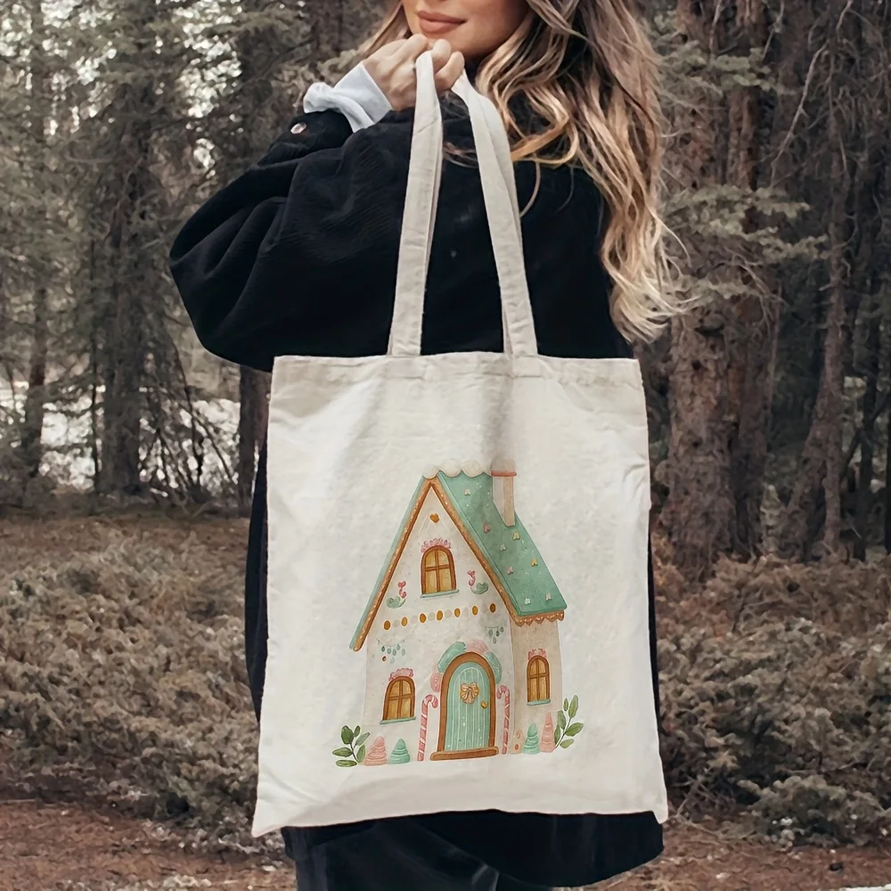 1pc of an Adorable Canvas Tote Bag Designed Like a Gingerbread House, Measuring 13.8 by 40.13 cm. It'S a Fashionable Shopping Ba