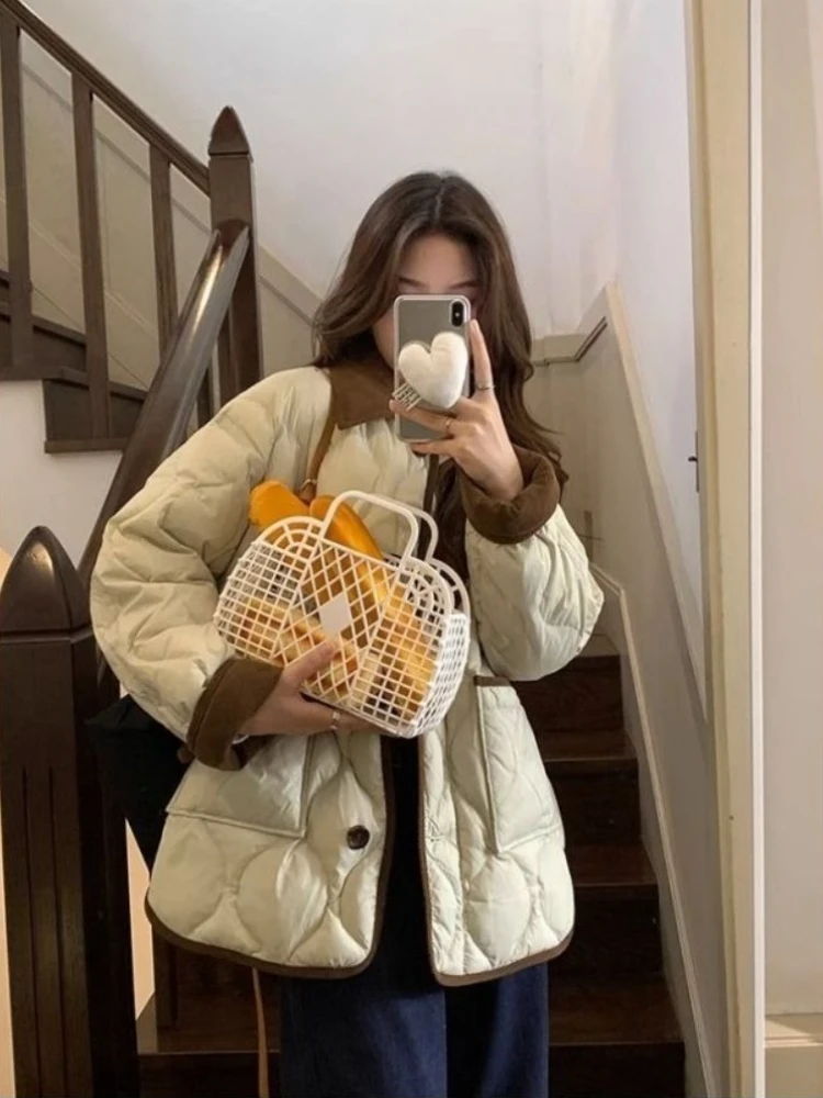 2025 delle nuove donne di arrivo Colorblock colletto di velluto a coste giacca di cotone allentato corto trapuntato cappotto invernale trapuntato tuta sportiva leggera