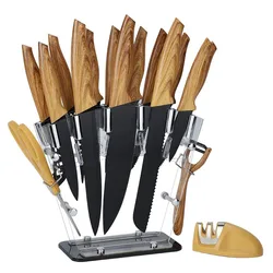 17PCs Kitchen Chef Knife Set Scissors Stainless Steel Pizza Cheese Steak Knife Peeler Meat Cleaver Knife Stand Sharpener Cutlery