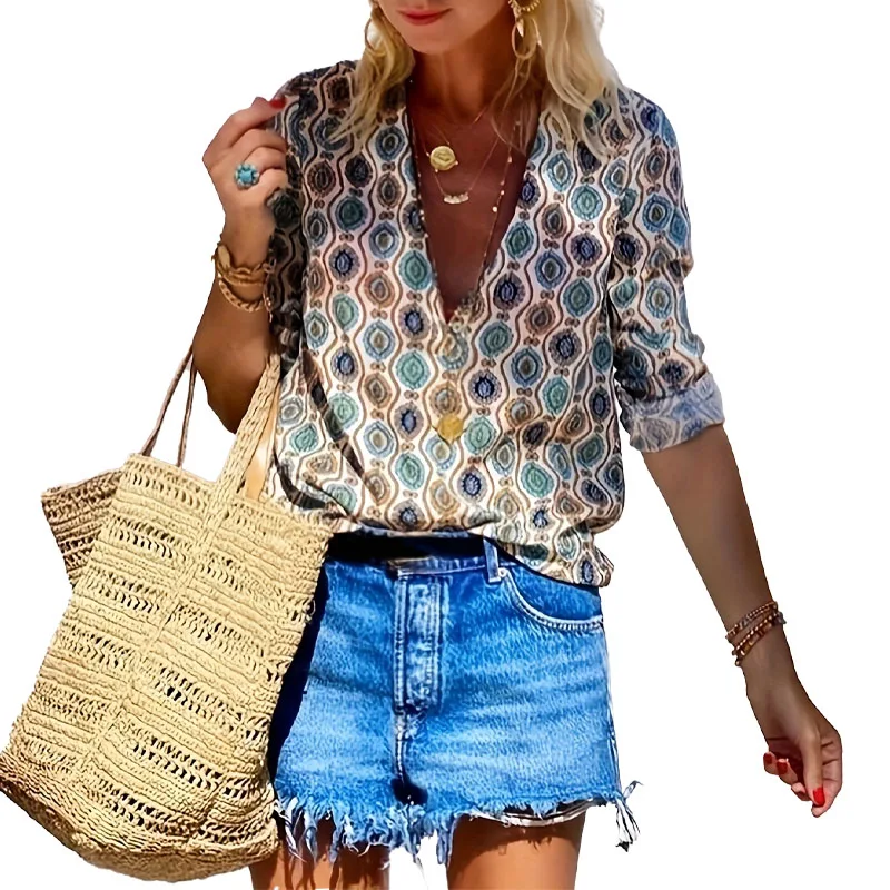 بلوزات نسائية كاجوال بأكمام طويلة ورقبة على شكل حرف V وقمصان قطنية مطبوعة منقوشة