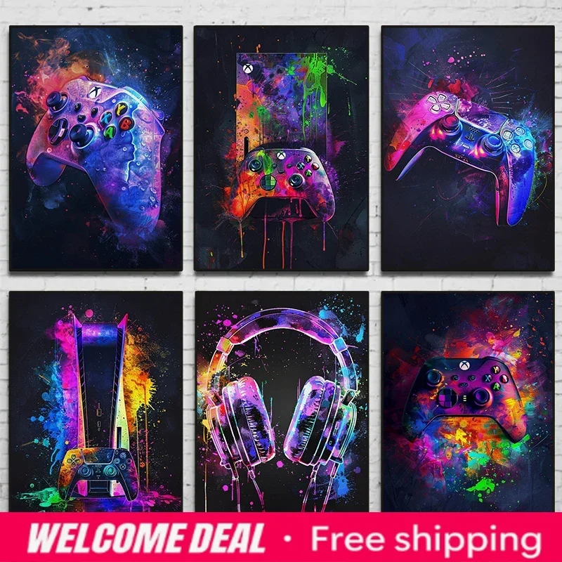 2026  Watercolor Neon Video Game Posters XBOX Prints GamePad Headset Canvas Painting Gaming Wall Art Boys Gamer Room Home Dec
