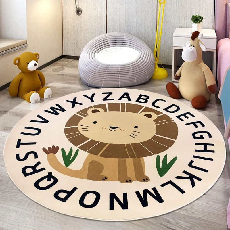 Round Living Room Carpet Non-slip Machine Washable Floor Mat Bedroom Carpet Cute Lion Patterned Rugs Large Size Home Decor Mats