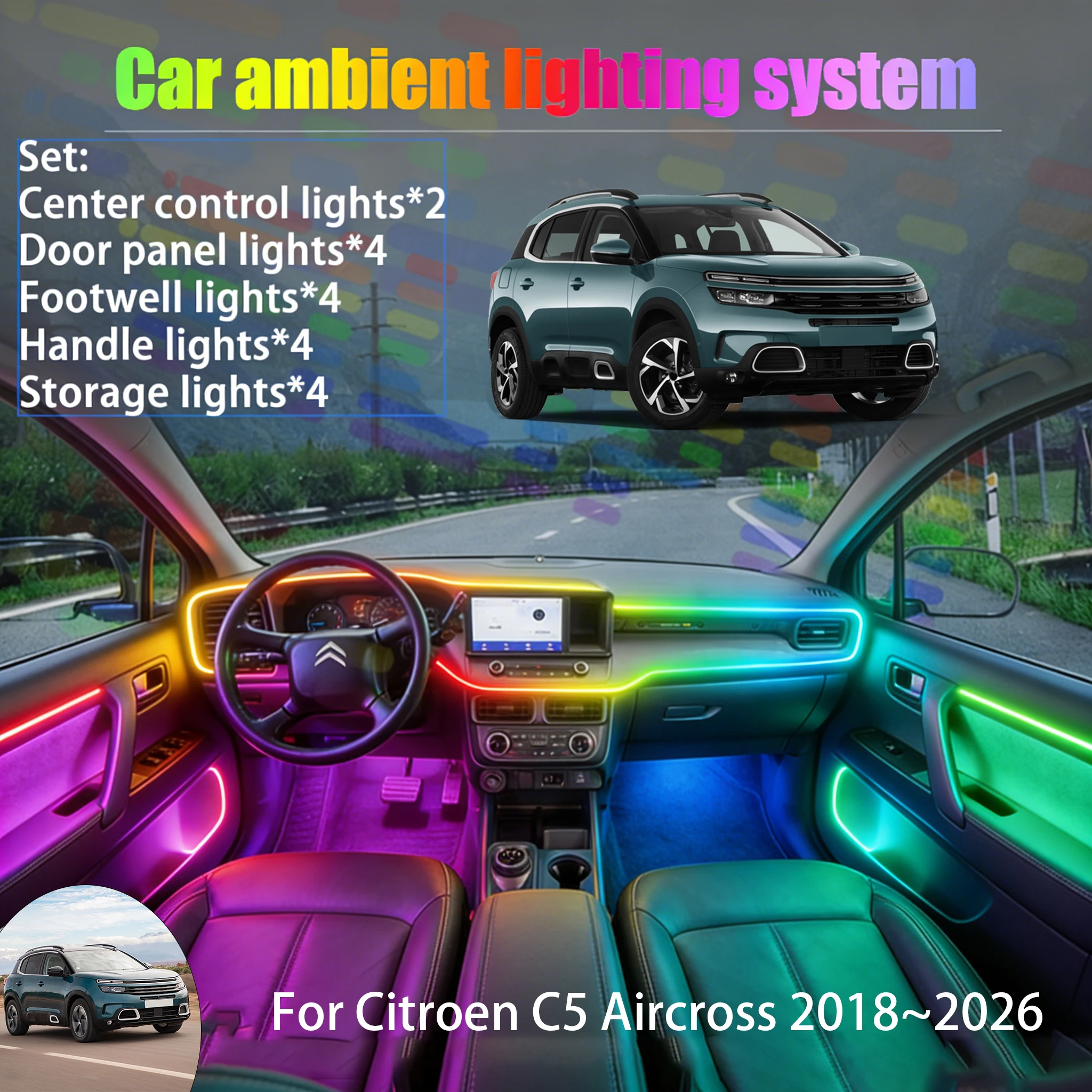 

Для Citroën C5 Aircross 2018~2026 C84 MK1 2/18 в 1: Комплект светодиодной подсветки салона и багажника USB RGB с эффектом потока