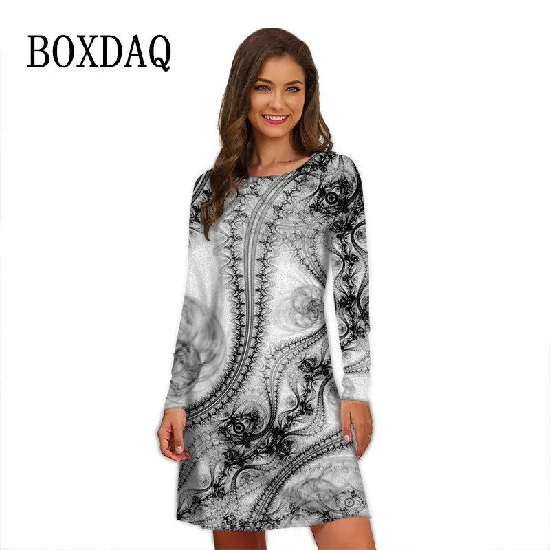 2023 Autumn Vintaeg Dress Women Tie Dye Print Long Sleeve Dress Fashion Pullovers Casual Loose Oversized Mini Clothing Vestidos