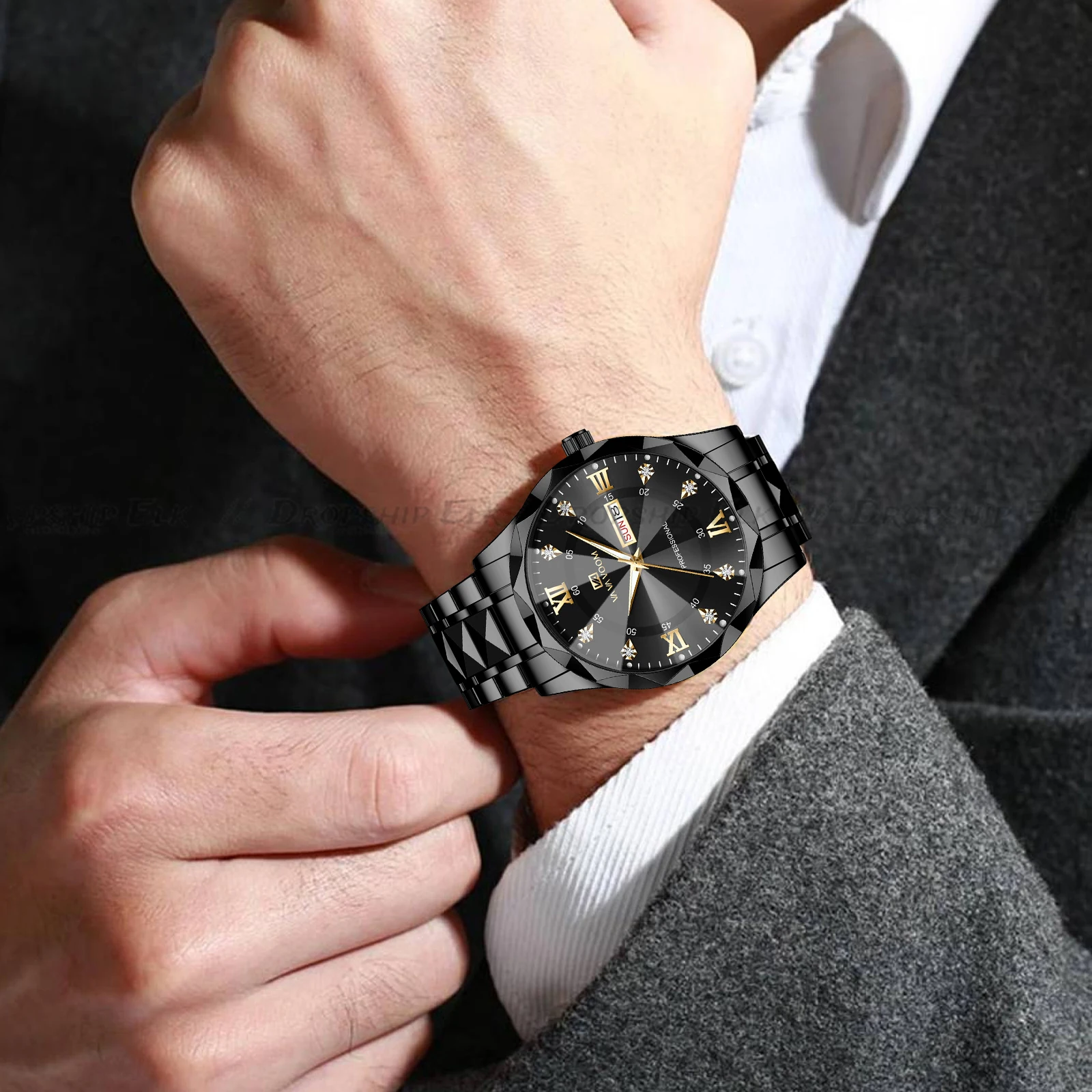 Мужские часы с бриллиантами, кварцевые часы, роскошные ночные светящиеся часы с двойным календарем, кварцевые часы из нержавеющей стали, деловые водонепроницаемые часы с календарем и датой