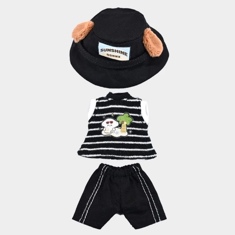 1/12 BJD Dress Up Accessories Summer Striped Tank Top Shorts Set Plush Puppy Dog Fisherman Hat Casual Outdoor Doll Clothes