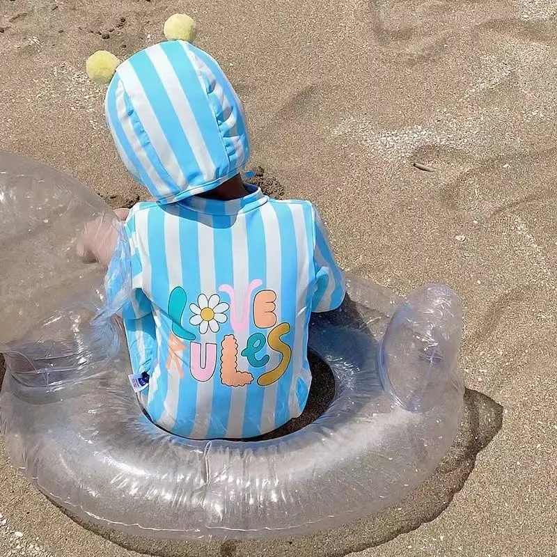 Summer Baby Long Sleeve Sun Protection Swimwear Kids Boys Quick Drying Swimsuit Striped Letter Print Zip Beachwear with Swim Cap