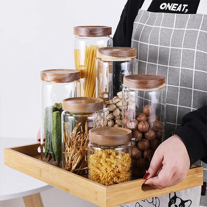 Wood Lid Glass Airtight Canister Kitchen Storage Bottles Jar Sealed Food Container Tea Coffee Beans Grains Candy Jars Containers