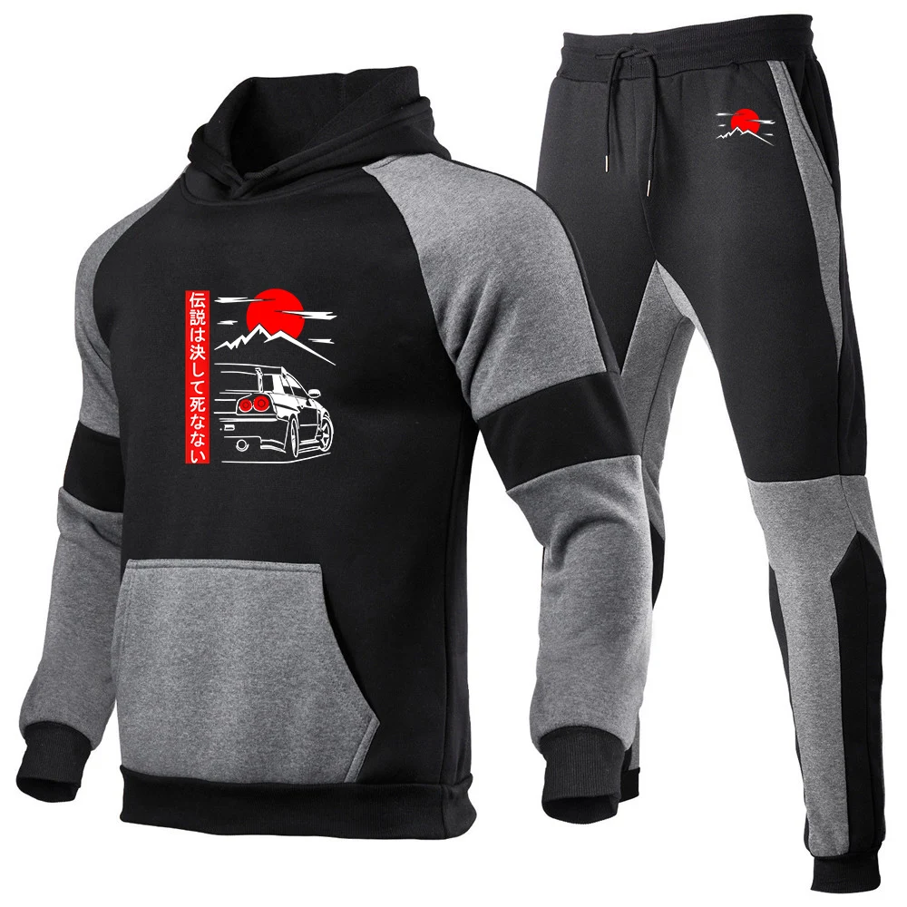 Japanese Style Car JDM Culture GTR Racing 2025 Spring And Autumn Men's New Patchwork Casual Hoodie + Trouser Harajuku Suit