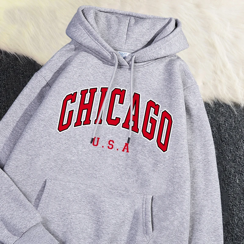 Casual Woman Hoodie Chicago Usa City Letter Graphic Printing Pullover Fleece Comfortable Pocket Sweatshirt Autumn Streetwear