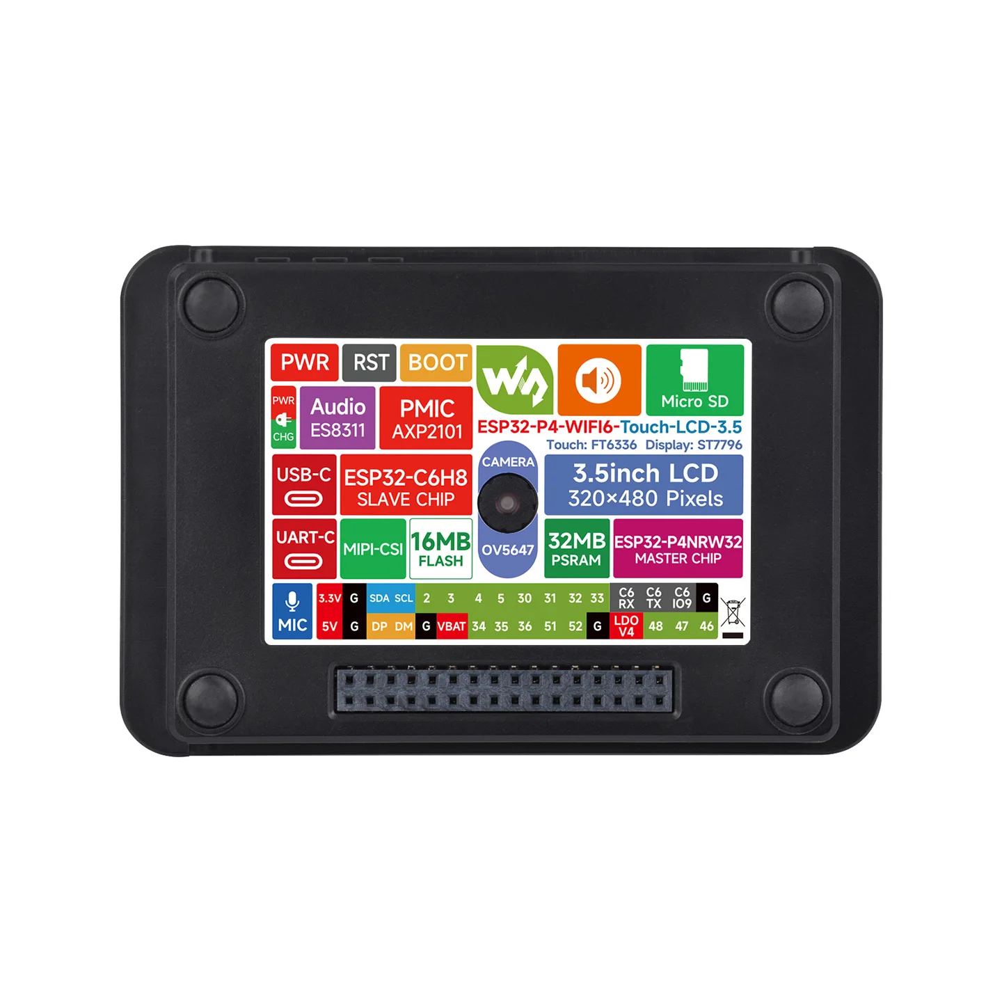 Waveshare ESP32-P4-WIFI6 3.5inch Smart Vision Development Board, 320 × 480, With OV5647 5MP Camera, Built-in Microphone image 4
