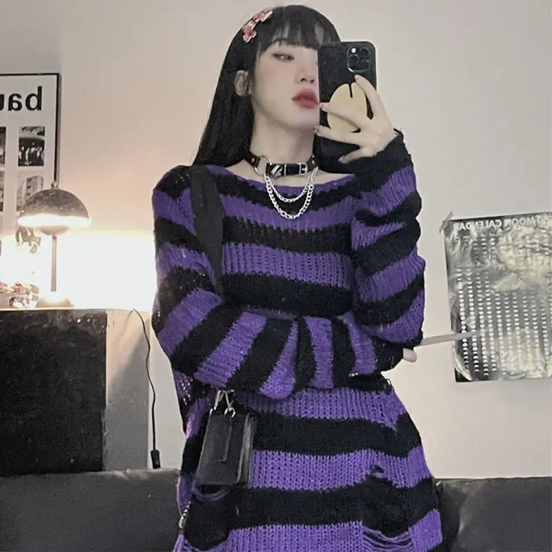 

Karrram Purple Striped Gothic Sweaters Women Ripped Holes Loose Knitted Pullover Frayed Fairy Grunge Y2K Emo Streetwear Lolita