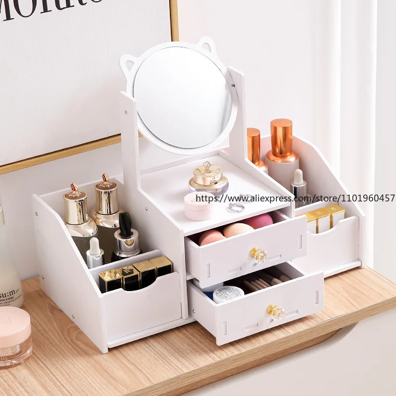 Desktop Drawer-Type Vanity Mirror Storage Box Round Makeup Mirror for Dressing Table Organizer for Jewelry Skincare Products