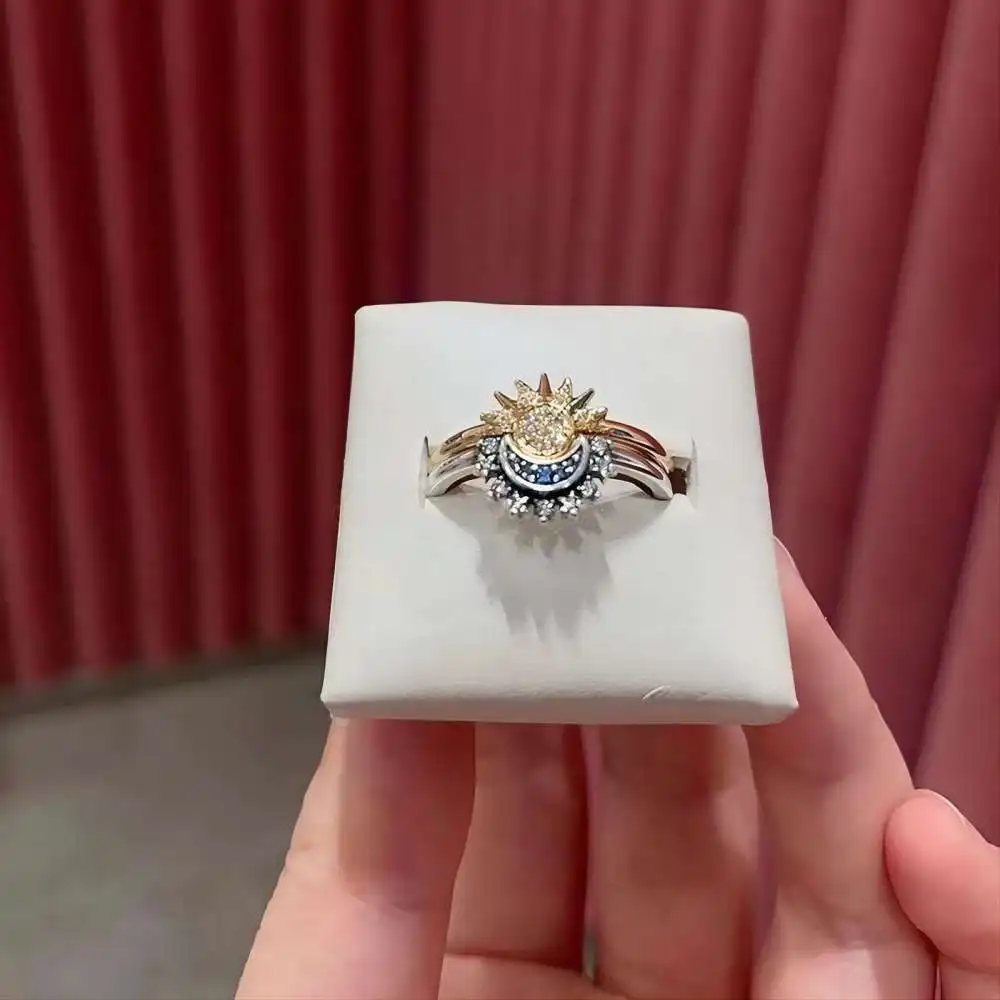 Fashion charm temperament 24K gold sun 925 silver moon full of diamonds couple ring, commuting hundred couples love jewelry