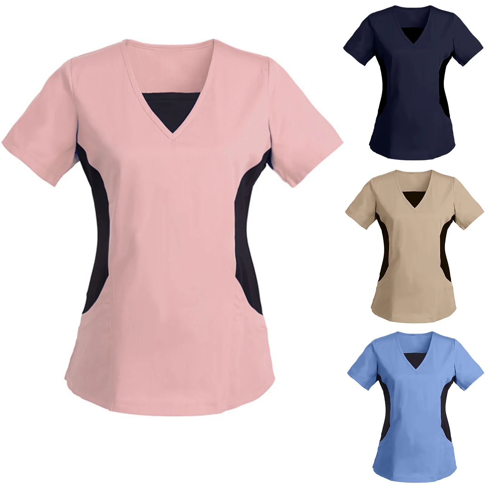 Nurse Uniform Women V-Neck Short Sleeve Tunic Hospital Medical Healthcare Workers Nursing Uniform Beauty Salon Spa Scrubs Tops