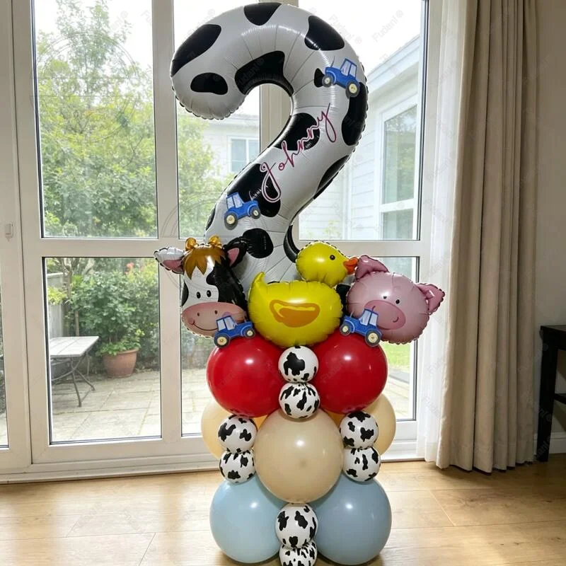 26pcs Mini Animal Head Balloon 40 Inch Cow Pattern Number 1-9 Birthday Balloon Set Farm Theme Party Decoration Festival Supplies
