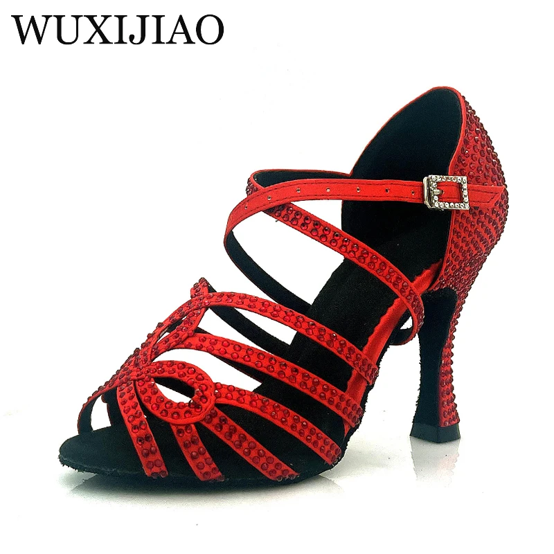 

WUXIJIAO covered latin dance shoes for salsa 2025 gold shiny jets ballroom ladies latin shoes for custom heels