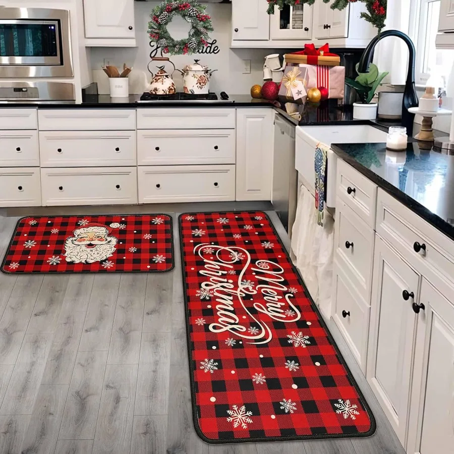 

Christmas Kitchen Rugs and Mats Set of 2 Christmas Decorations for Home Non Slip Backing Winter Holiday Kitchen Rug Seasonal Lo