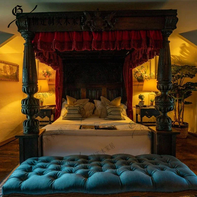 Mid-ancient style master bedroom wedding bed/French retro carved solid wood Roman column double bed can be customi