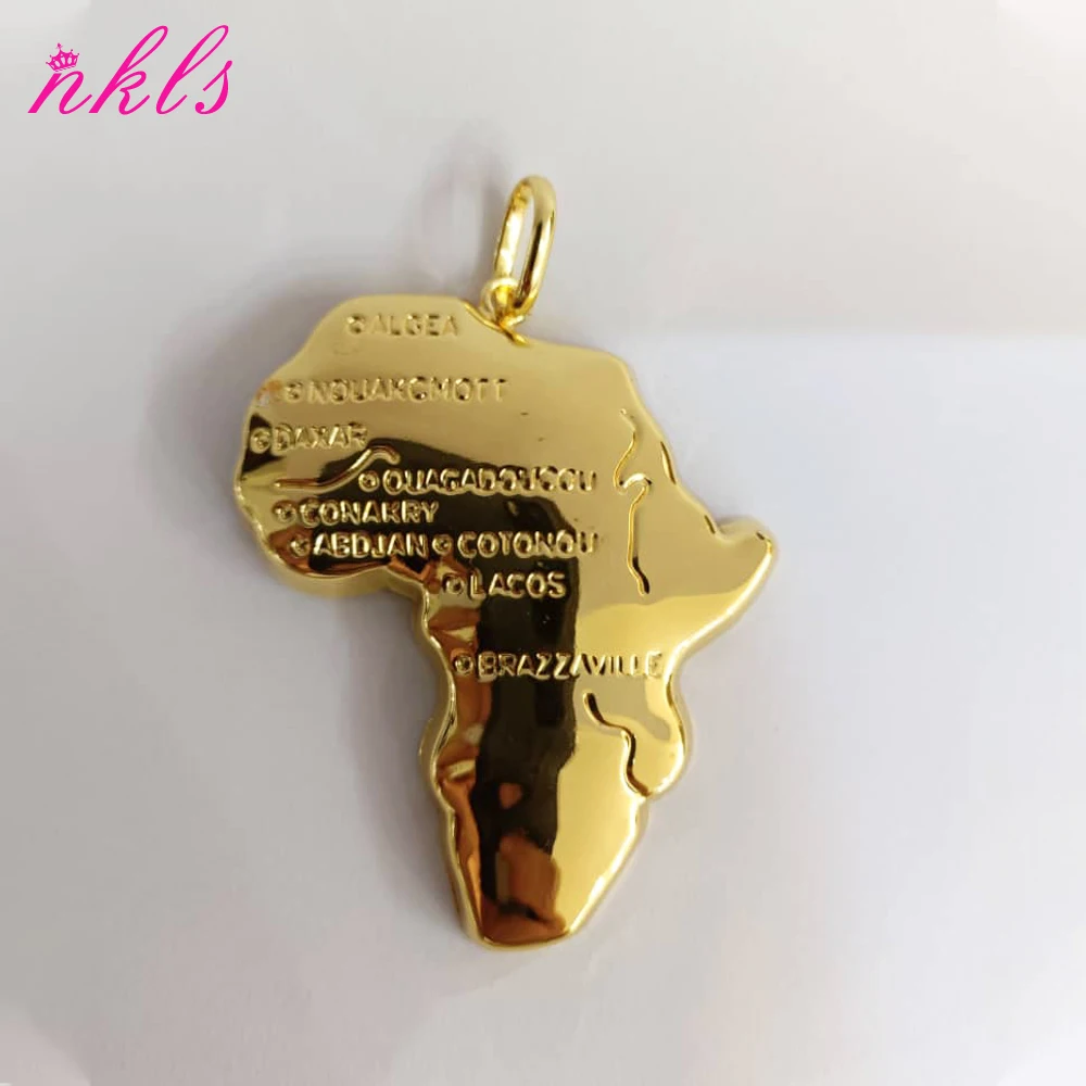 Karte der afrikanischen Anhänger-Halskette für Männer und Frauen, Goldfarbe, Hip Hop, beliebte Halskette, luxuriöser Edelstahl, Kupferkette J – Detail 3