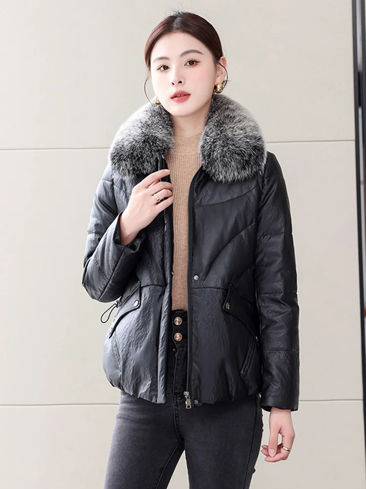 New Women Winter Casual Leather Down Jacket Fashion Warm Real Fox Fur Collar Loose Sheepskin Leather Down Coat Split Leather