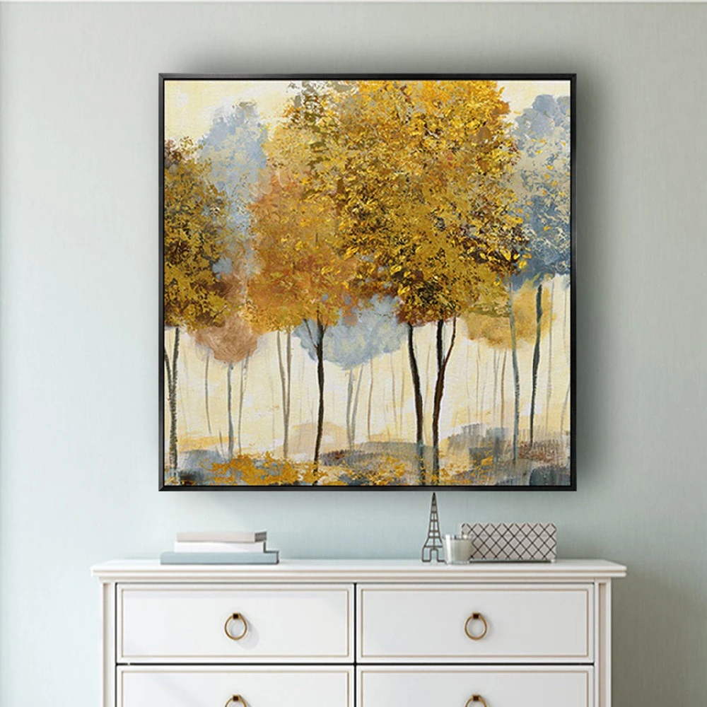 2025 جديد اليدوية Gloden الأصفر مجردة الأشجار النفط اللوحة ديكور المنزل قماش رسم جدار صورة فنية عمل فني الاكريليك