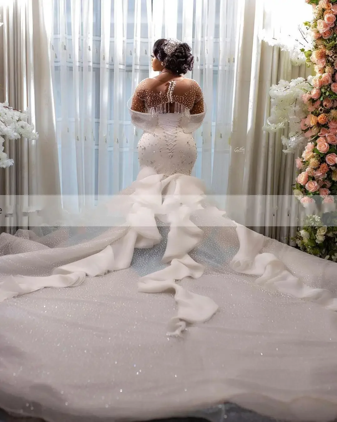 Vestidos De novia De sirena con cuentas De cristales pesados modernos personalizados Vestido De Casamento tren De catedral mangas completas jardín Brid