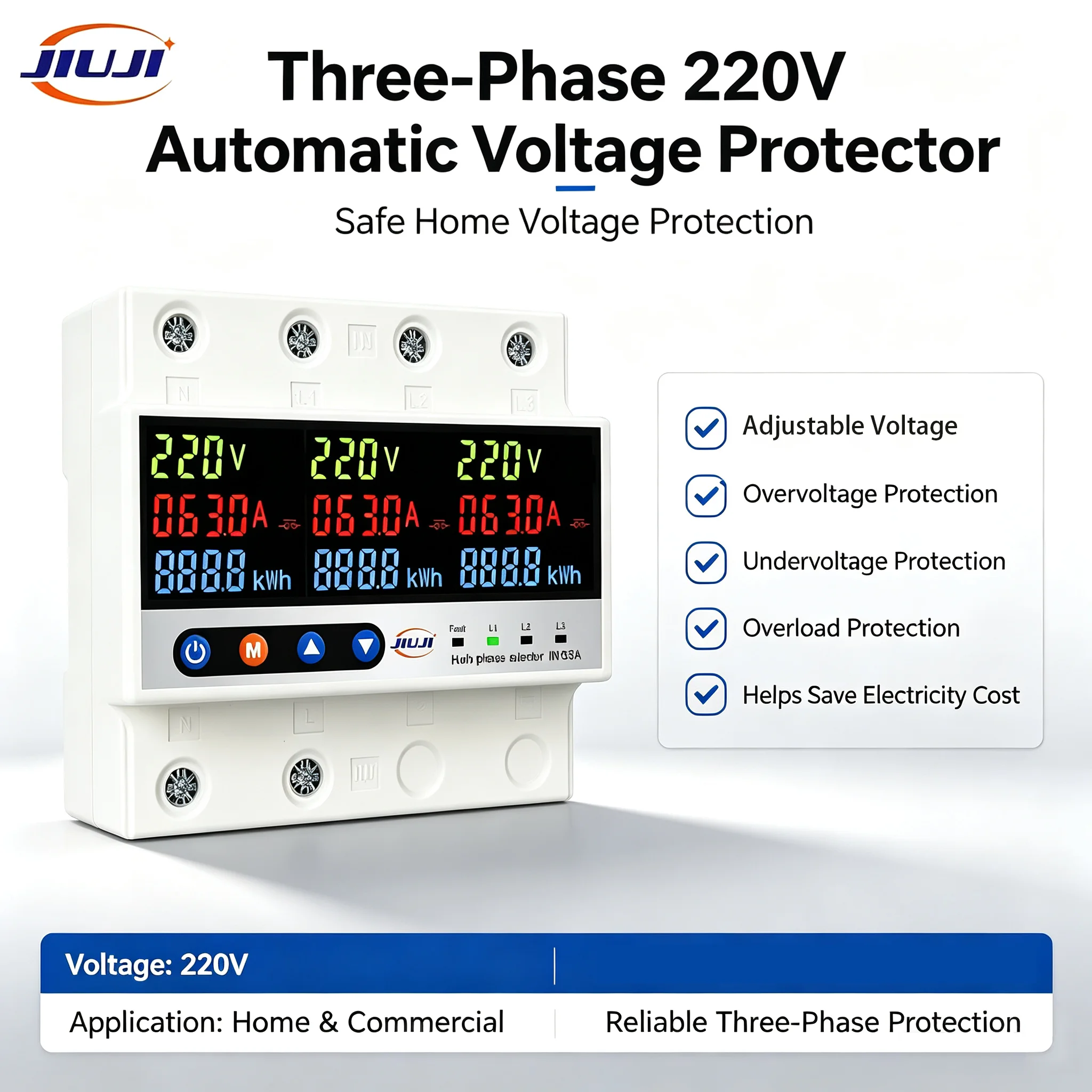 Jiuji Kwh Phase Selector JJVPD3-63VAK Three Phase 220v Safety Home Use Auto Voltage Protector Voltage Adjustable