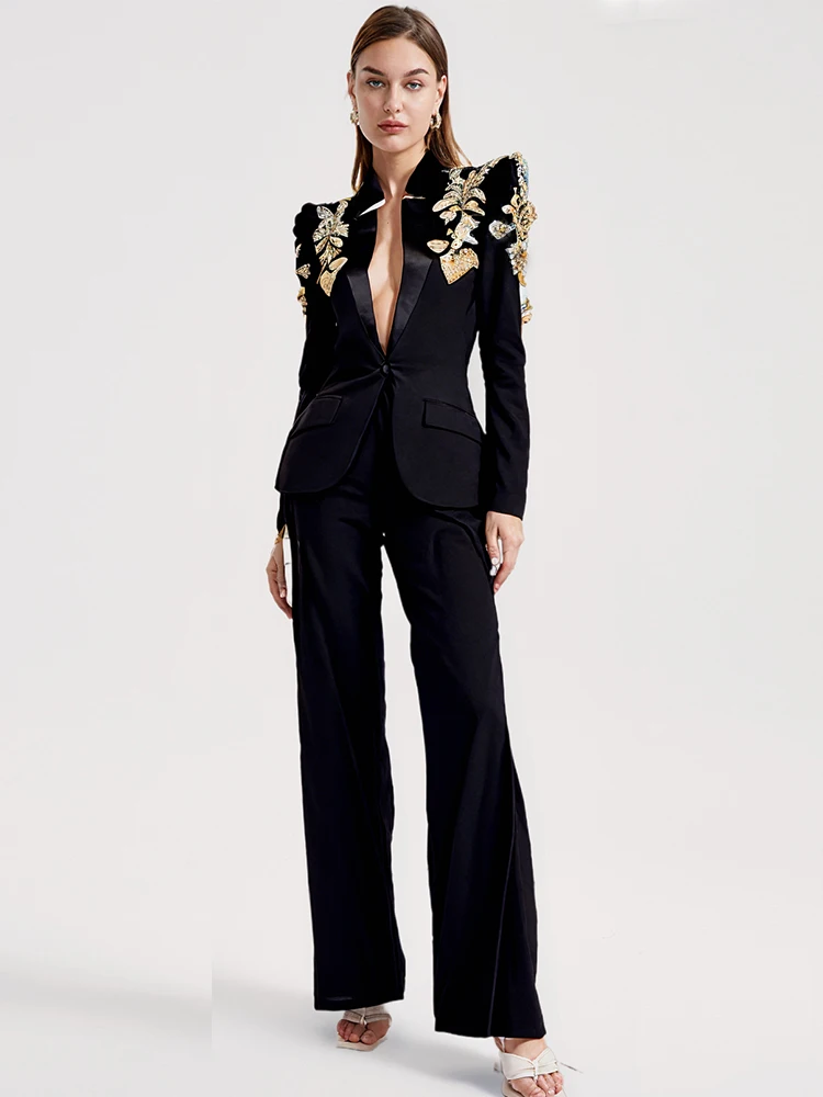 

HIGH QUALITY Festival Outfit Women Suit Hand 3D Flower Studded Diamonds Beaded Blazer Wide Leg Stand Collar Split Pants Set